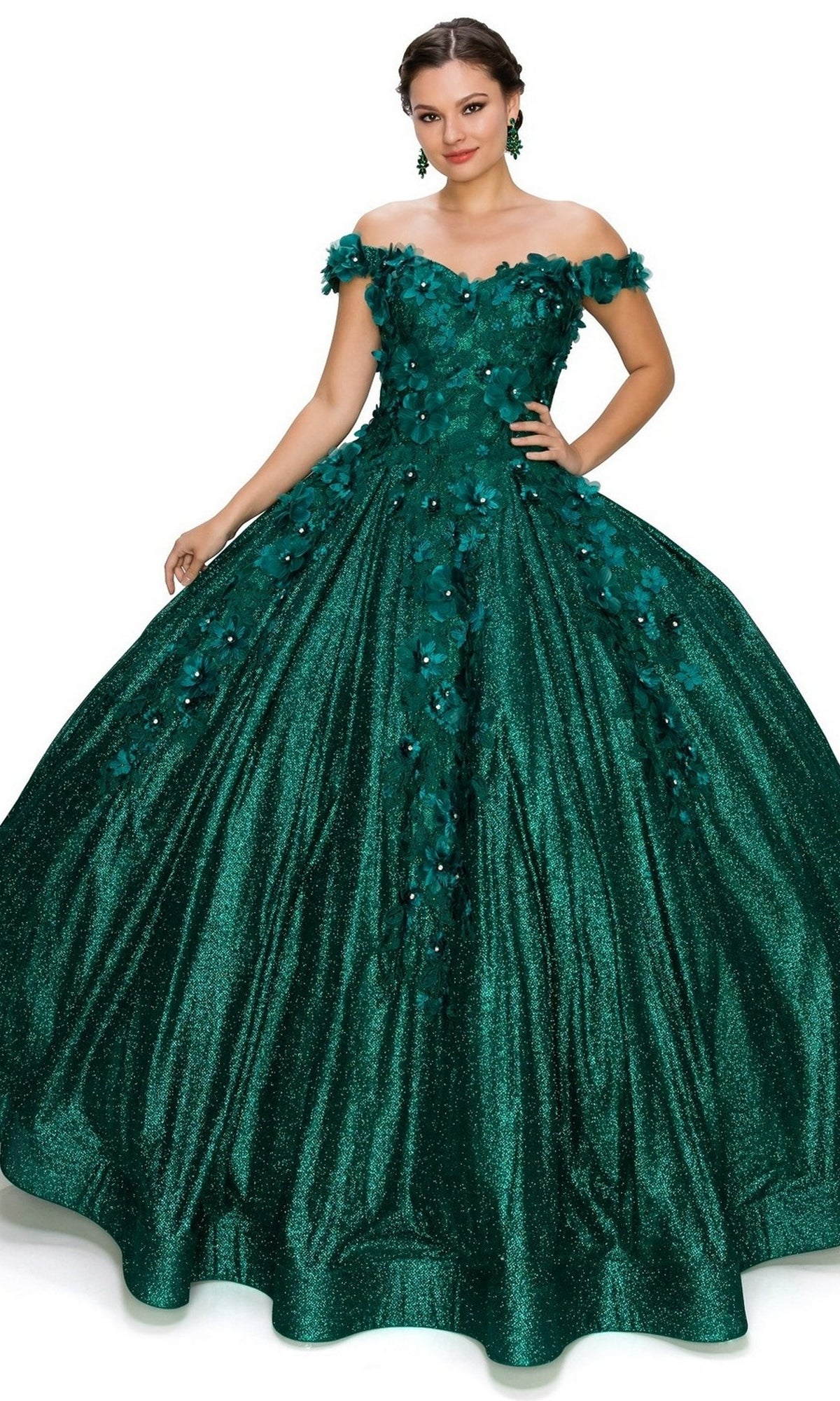 Woman wearing the Quinceanera Ball Gown 8020J in emerald green, an off-the-shoulder style with a glitter skirt, full silhouette, and elegant 3D floral details for added sparkle.